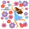 Running joyful girl on the background with doodle flowers. Cute vector illustration.
