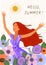Running joyful girl on the background of doodle flowers . Cute vector illustration.