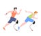 Running male paralympic athletes with high-tech prosthetic limbs, flat cartoon vector illustration