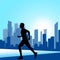 Running man against the city. silhouette of the sprinter