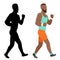 Running man and his silhouette. Active people, fitness, sports movement. Side view. Jpeg illustration in flat design