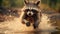 Running Raccoon In Water: A Detailed Close-up Shot With Strong Facial Expression