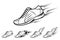 Running shoe icons, sports shoe with motion and fire trails