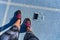 Running shoes girl feet selfie on run track lane