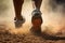 Running shoes on sand. Close up of male athlete feet running on sand track, Rear view closeup sport shoe of racer in running on