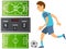Running soccer player. Football cartoon player in blue jersey running with ball side view