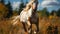 Running stallion in meadow, freedom in nature beauty generated by AI
