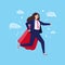 Running super business woman in red cloak and suit, sketch vector illustration.