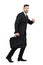 Running surprised business man carrying laptop case side view looking at camera