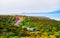 Running train on road at Golfo Aranci in Costa Smeralda reflex