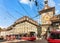 Running trams and people on Marktgasse street with Zytglogge Bern