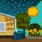 Runoff collection and storage of rainfall for reuse in household, garden in dry seasons. Creative stylized illustration