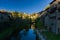 RUPIT, CATALONIA, SPAIN April 2016: Picturesque view of the brutal rustic medieval houses of Rupit