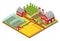 Rural 3d farm isometric template with garden, field farmer house and greenhouse game or app vector illustration.