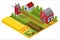 Rural 3d farm isometric template with mill, garden, trees, agricultural vehicles, farmer house and greenhouse game or