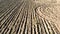 Rural aerial view with plowed field and furrows that draw the dry earth