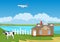 Rural agricultural scene, cow, vector illustration