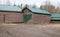 Rural architecture, wooden barns with green roofs