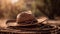 Rural background with close up cowboy hat and rope. Rustic outdoor backdrop with blurred horse. Generative AI