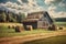 rural background with old wooden barn and bales of hay