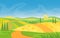 Rural beautiful landscape. Fields and hills at dawn vector illustration.