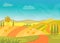 Rural beautiful village landscape with mountains and hills, vector illustration.