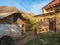 Rural clay and stone houses in a village in Kakhib. Narrow alleys of a mountain village. Old mountain village in Dagestan