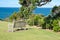 Rural coastal landscape overlooking farmland to sea and horizon