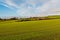 Rural countryside of green fields, farms and hills in Northern Ireland