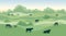 Rural dairy farm landscape with cows over seamless panoramic countryside horizon. Hills, meadows, trees and fields skyline. Summer