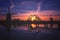 Rural dutch landscape, mills in Kinderdijk at night, Netherlands