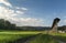 Rural european landscape with hayrack