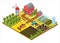 Rural farm 3d isometric template concept with mill, garden park, trees, agricultural vehicles, farmer house and