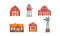Rural Farm Buildings Collection, Agriculture Industry and Countryside Elements, House, Barn, Silo Tower, Windmill Vector
