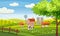 Rural farm countryside landscape with green fields hills and farm village buildings animals cows sheeps. Vector