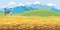 Rural farm landscape, dawn above hills with wheat field and snowy peak mountains background. Vector illustration.