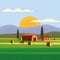 Rural farm landscape field country house, cows. Summer hills sunset farmland. Vector illustration trendy style noise