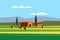 Rural farm landscape field country house, cows. Summer hills sunset farmland. Vector illustration vector