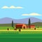 Rural farm landscape field country house, cows. Summer hills sunset farmland. Vector illustration vector