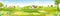 Rural farm landscape with green fields, farm house, barn, animals cow, blue sky and clouds,  Vector cartoon Spring or Summer