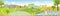Rural farm landscape with green fields, farm house, barn, animals cow, blue sky and clouds,  Vector cartoon Spring or Summer