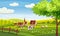 Rural farm landscape with green fields hills and farm village buildings animals cows sheeps. Vector illustration