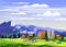 Rural farm landscape with green fields hills and farm village buildings animals cows sheeps. Vector illustration