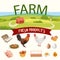 Rural Farm Landscape with Hen, Rooster and Eggs Realistic Icons. Vector Illustration