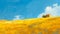 Rural farm landscape, rolling yellow meadow, under a blue sky