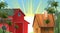 Rural farm red barn. Farmer wooden house. Early morning. Large livestock shed. Farmer design for growing pets and