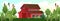 Rural farm red barn. In meadow with grass and reeds. Large livestock shed. Farmer design for growing pets and animals