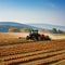 Rural farmer driving harvesting ripe pumpkin in plowed field generated by