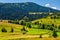 Rural fields and forested hills of Carpathians