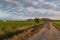 Rural gravel road pathway on a green plain landscape